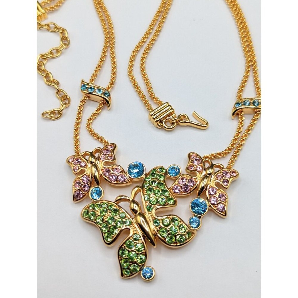 Rare Trifari Signed 1998 Dated Rhinestone Butterfly Gold Tone Necklace